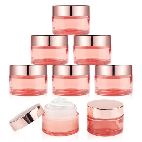

pink glass cosmetic cream jar with rose gold lid 5g 10g 15g 20g 30g 50g 60g 100g makeup cream jar travel sample container bottles with inner