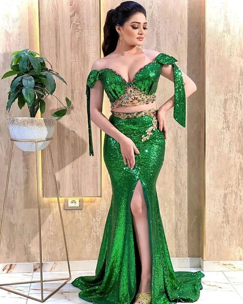 

luxury dubai arabic evening dress two pieces sequins mermaid prom wear for women slit beads ceremony party dress, Black