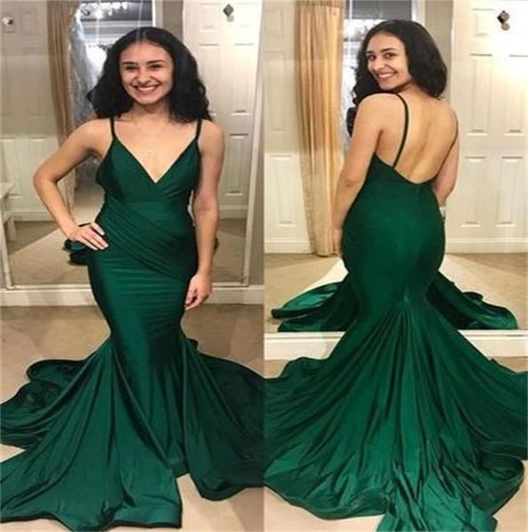 

elegant floor length emerald green mermaid prom dress vneck straps satin backless long prom dresses party gowns7639095, Black