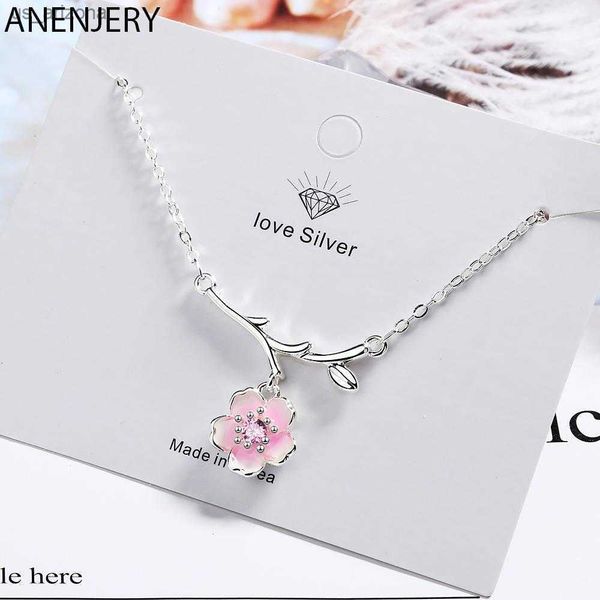 

anenjery silver color pink cherry blossom necklaces fashion daily jewelry flower pendant necklace s-n437 l230620