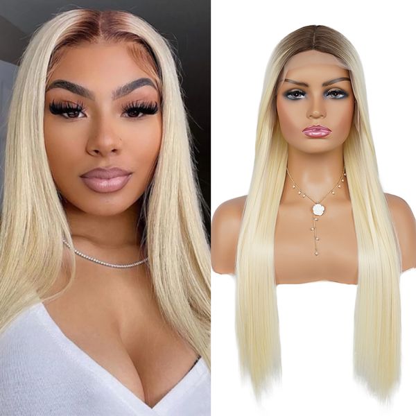 

613 Ombre Blonde Wig Synthetic Roots Brown Straight Wigs for Women Wig Glueless Ombre Brown Wigs Heat Resistant Fiber Cosplay, White