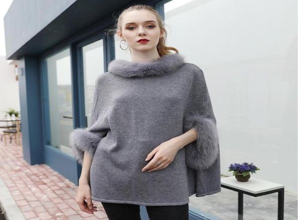 

women039s sweaters genuine wool cape poncho coat winter warm knitted sweater with fur trim for women7806737, White;black