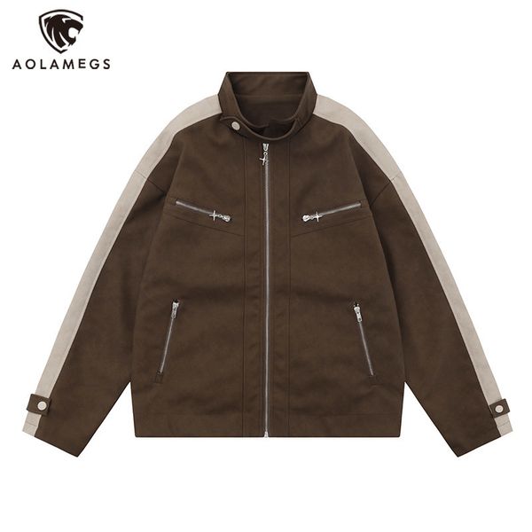 

mens jackets vintage streetwear men multi zipper pockets contrast color pu button stand collar oversized jacket coat 3 colors 230808, Black;brown