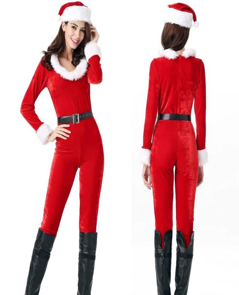 

3pcs in 1 set female long sleeve zipper santa claus jumpsuit luxury women christmas clothes xmas cosplay uniform9384342, Black;red