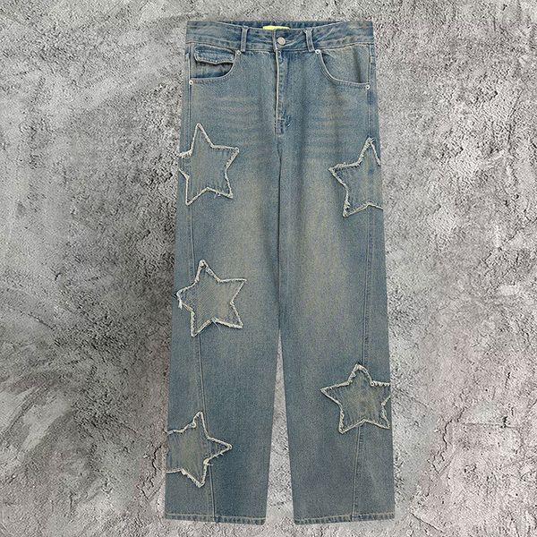 

men's jeans retro star pattern color contrast stitching zippers men jean hombre streetwear denim pant clothing casual pantalones homme, Blue