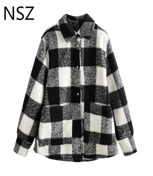 

nsz women white and black oversized plaid coat blouse checked woolen jacket wool blend outwear thick warm streetwear fall winter t3189065