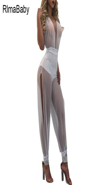 

whole beach party lace up halter mesh rompers women jumpsuit summer deep v neck backless side split see through overalls9343139, Black;white