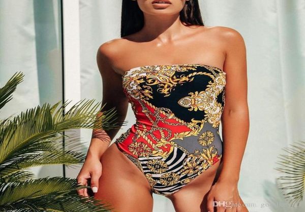 

one piece strapless bodysuit women high cut padded beach wear swimmer ethnic print summer swimsuit female bikini1442582, White;black
