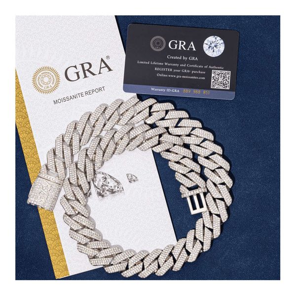

pass diamond tester 20mm 3 rows diamonds 100% sterling sier moissanite jewelry cuban bracecet necklace vvs moissanite, Silver