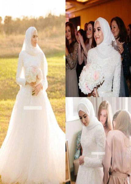 

new arrival arabic muslim wedding dress aline high neck tulle long sleeves country garden bride bridal gown custom made plus size3461610, White