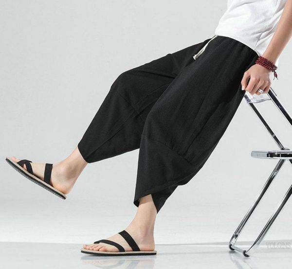 

men039s pants cotton linen cropped pant solid casual wide leg bloomers drawstring elastic waist calflength trousers men plus s2793866, Black