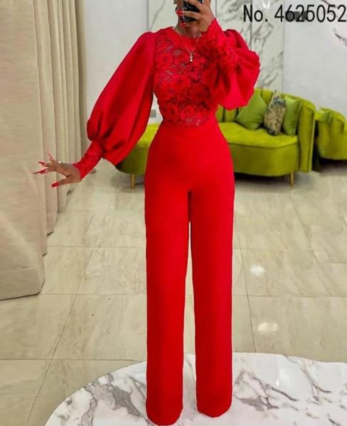 

ethnic clothing elegant african jumpsuit long lantern sleeve red lace patchwork rompers plus size wedding party for women outfits3614821
