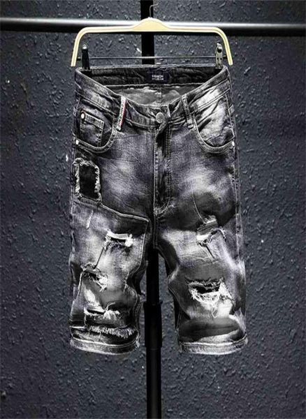 

men gray ripped denim shorts new summer holes black short jeans soft cotton stretch jean short knee length jeans 21046902001, White;black