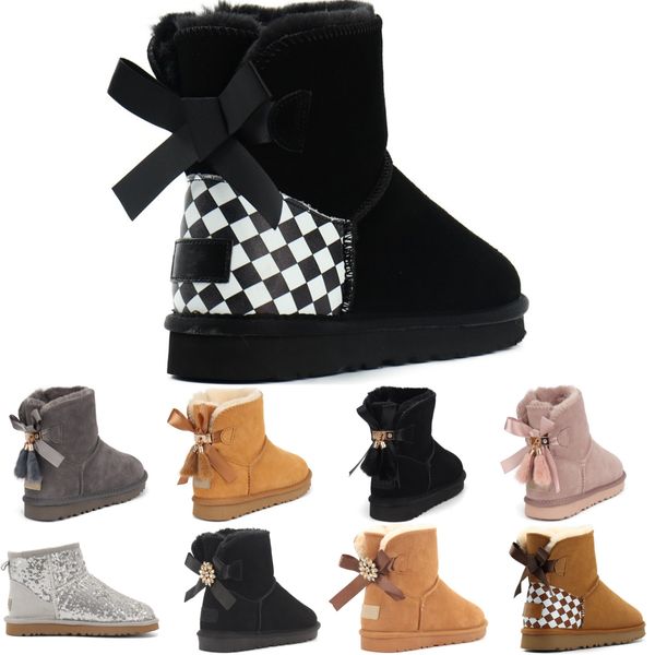 

mini bow australian kids boots classic girls shoes toddler children winter snow boot wggs ii baby kid youth uggly chestnut black furry baile, Black;grey