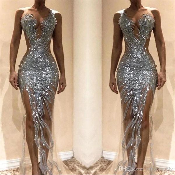 

gorgeous silver mermaid prom dresses 2022 see through sequins bodice split long women occasion evening gowns custom made268q, Black
