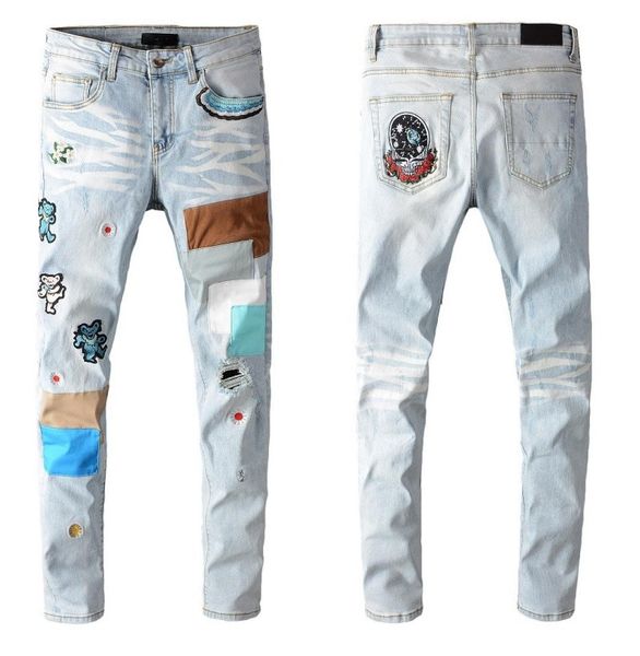 

mens jeans stylist bear embroidery denim fashion summer zipper hole men slim pants hip hop elastic jean7821497, Blue