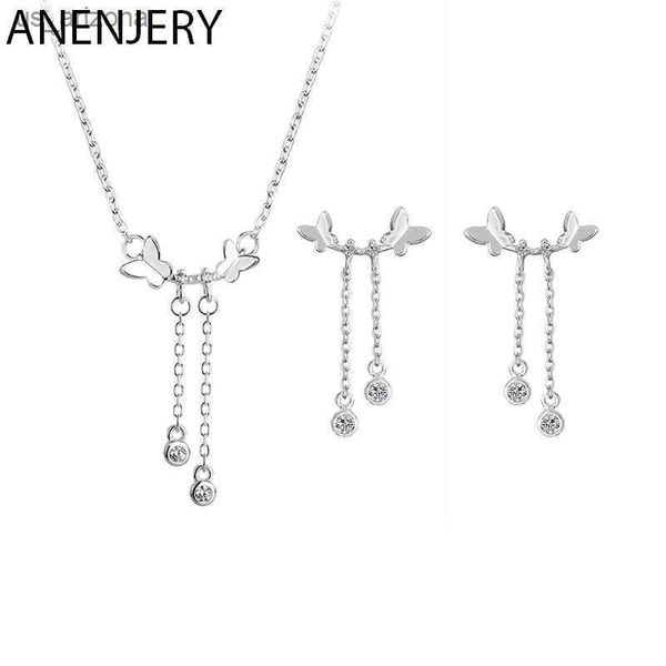 

anenjery silver color butterfly jewelry set delicate long tassel zircon necklace earring set for women wedding gift l230620
