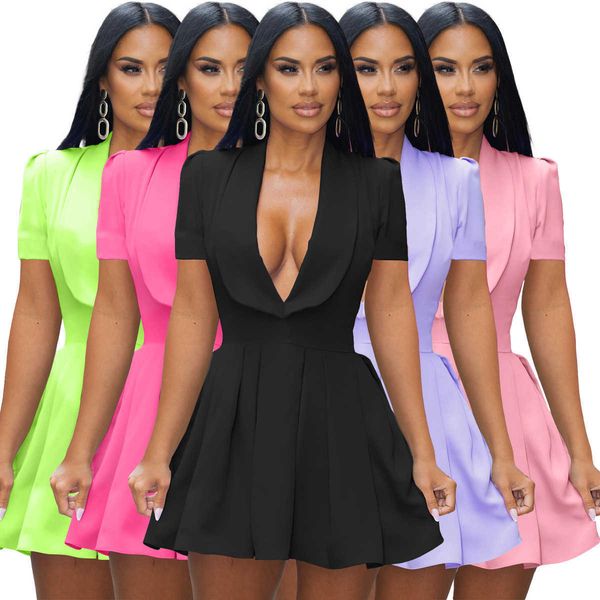 

deep v-lapel short sleeved dress slim fitting medium length solid pleated dress, Black;white