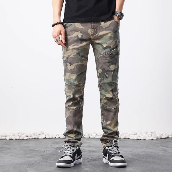 

mens jeans street fashion men camouflage military trousers spliced designer elastic slim vintage hip hop denim pants hombre 230809, Blue
