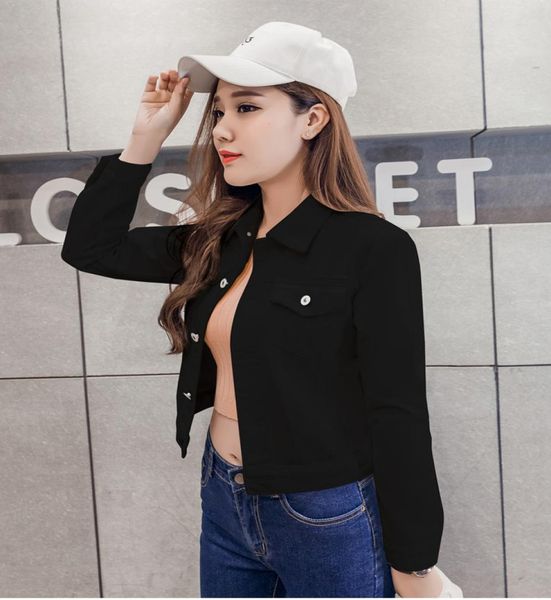 

women fashion jeans jacket 2020 spring summer long sleeve stretch short denim jacket coat white black pink coat womens outerwear d4092442, Black;brown