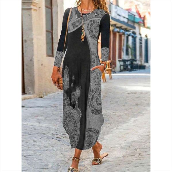 

selling autumn winter womens clothing national style print long sleeve dress, Black;gray