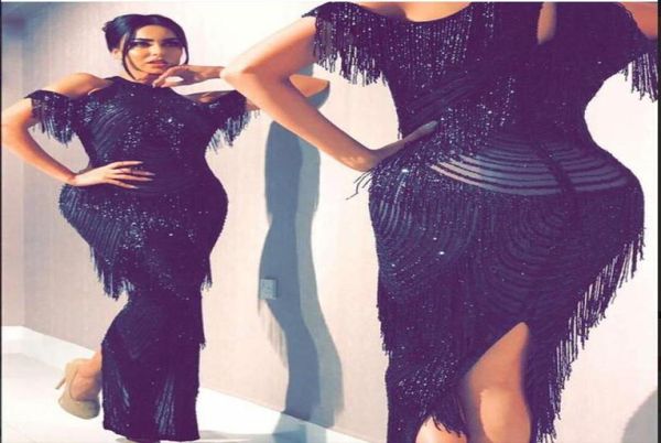 

evening dress yousef aljasmi kim kardashian puff sleeve oneck beaded tassels sheath long dress almoda gianninaazar zuhlair murad 1613713, Black;pink