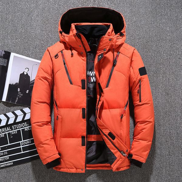 

2023 winter thickened down jacket men's middle disassembly cap zipper cardigan white down youth coat men's fashion tooling stone c, Black
