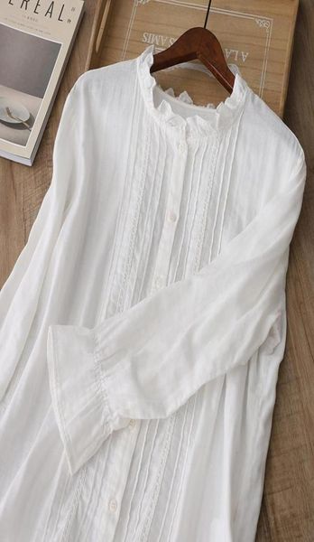

lamtrip cotton yarn ruffled collar pleated lace stitch long sleeve white shirt blouse 2021 sping9271129
