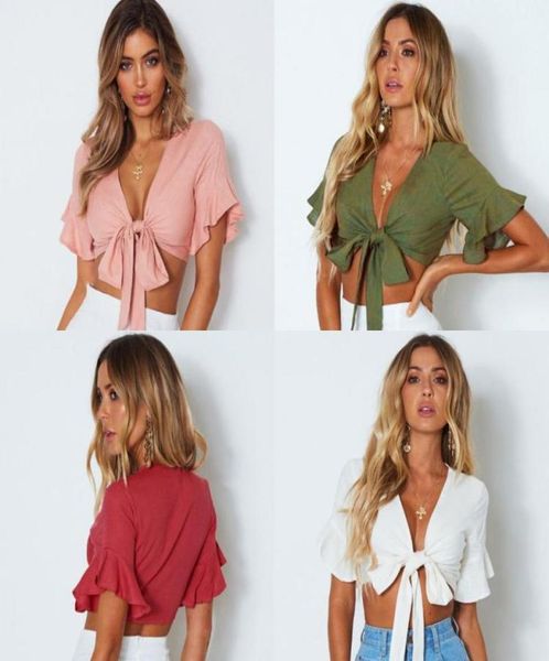 

cotton women bow crop ruffles deep v neck tank elegant short sleeve party club t shirts summer female streetwear5312740, White