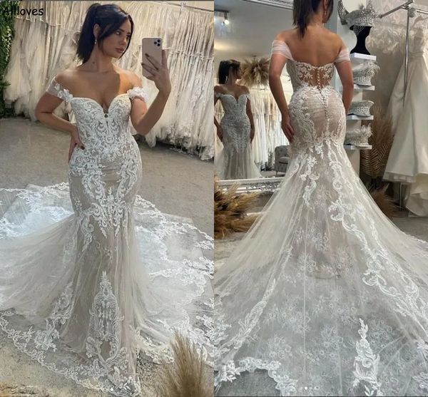 

arabic aso ebi bohemian lace mermaid wedding dresses off the shoulder backless vintage country bridal gowns long court train plus size vesti, White