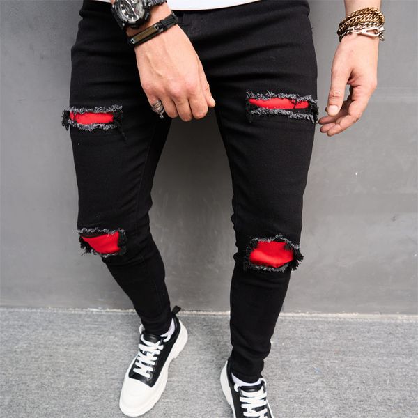

mens jeans men streetwear ripped slim patch stylish trousers male holes casual denim pants 230808, Blue
