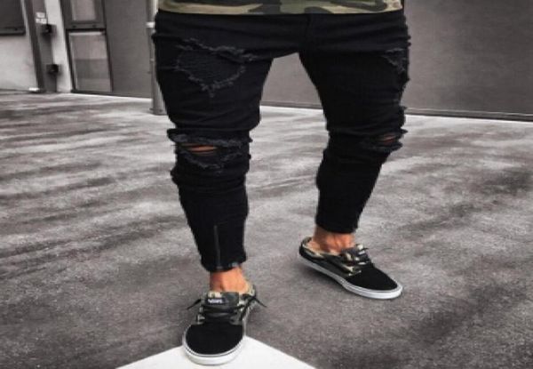 

fashionblack pants for men hip hop rock holes ripped jeans biker slim fit zipper jean distressed pants41949699332388, Blue