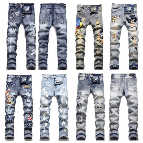 

2023 designer mens jeans pants ripped high street fashion brand pantalones vaqueros para hombre motorcycle embroidery trendy long hip hop wi, Blue