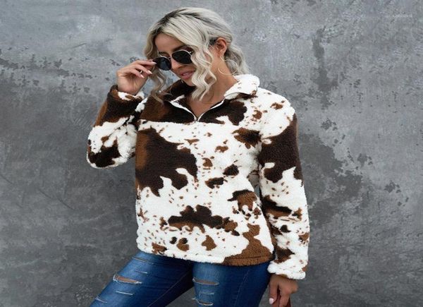 

women039s jackets fashion cow printed sherpa pullover women cowhide oversized outwear fleece coat ladies winter soft warm sweat8142217, Black;brown