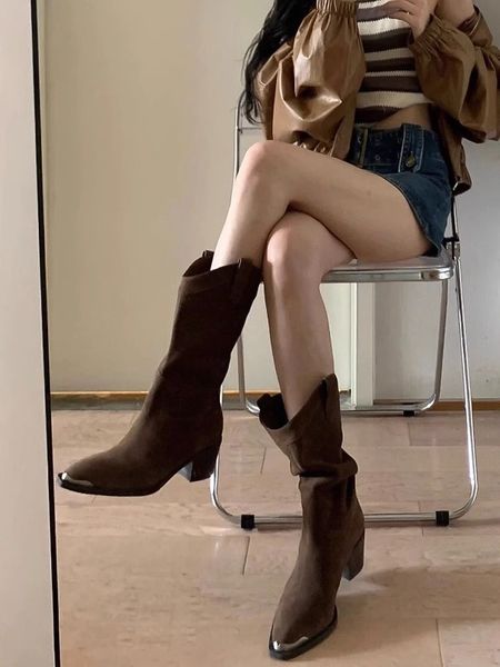 

boots western cowboy boot women's shoes thick heel metal pointed toe autumn and winter vintage mid sleeve boots 230809, Black