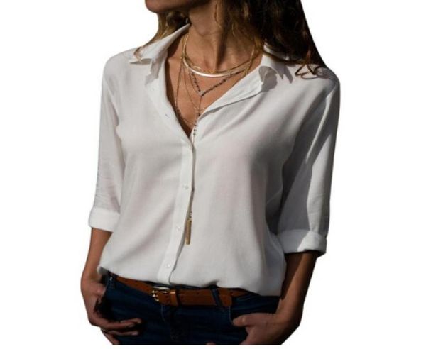 

women deep vneck chiffon blouse solid long sleeve button shirts autumn office lady elegant blusas plus size1900115, White