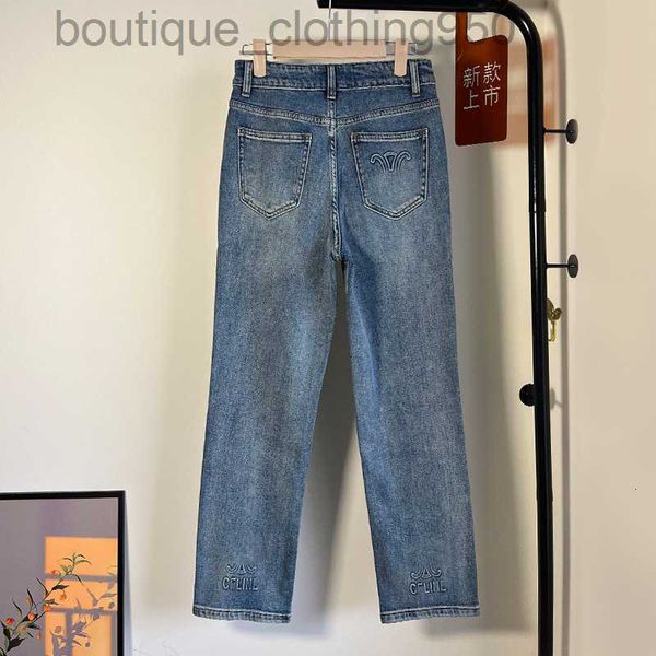 

designer womens jeans pocket trouser hem pressing design feels slim covering crotch straight leg jean for women, Blue