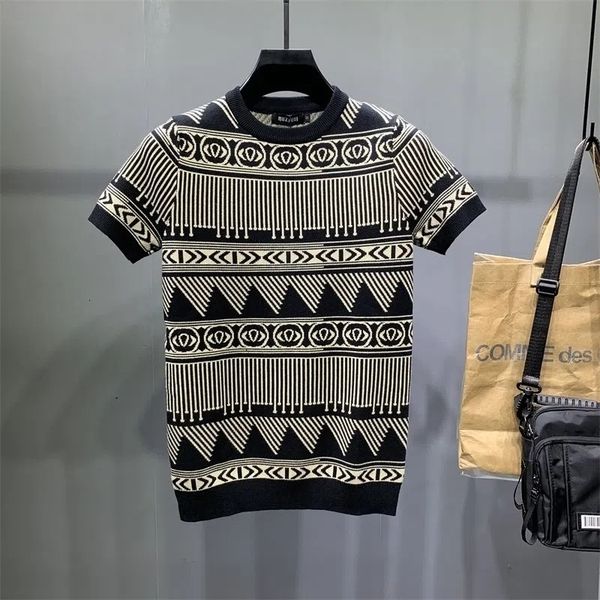 

men's sweaters men clothing men's tight letter jacquard short sleeve sweater large size crewneck fashion sweater half sleeve brand, White;black