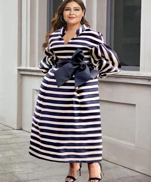 

plus size dresses elegant women striped print dress waist belt puffy long sleeve stand neck pocket birthday party event robes 20228136628, Black
