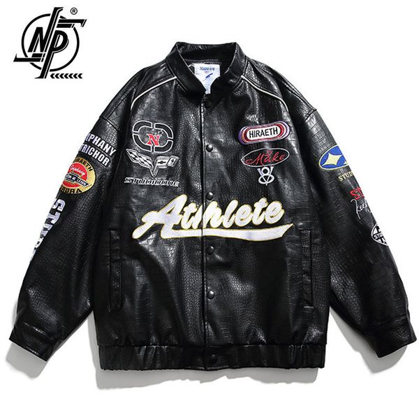 

mens jackets locomotive men pu leather jacket autumn streetwear heavy industry letter embroidery coat hip hop bomber jacketmen clothing 2308, Black;brown