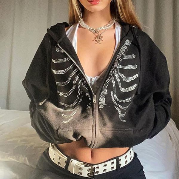 

women's hoodies sweatshirts skeleton hoodies y2k clothes gothic retro coats women zip up jacket harajuku hooded streetwear sweatshirts, Black