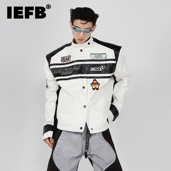 

mens jackets iefb motorcycle jacket trend shoulder pad niche design pu leather spliced coat collarless baseball clothing autumn 9c1380 23080, Black;brown