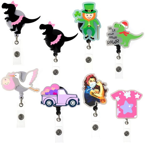 

10 pcs/lot fashion key rings dinosaur acrylic retractable medical badge holder nurses doctors id name card for healthcare worker accessories, Slivery;golden