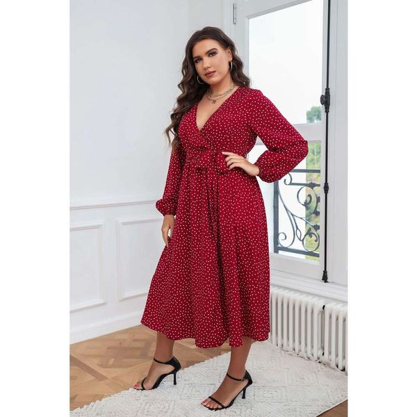 

autumn and winter big swing type artistic temperament red large size dress cotton commoner polka dot long sleeve, Black;gray