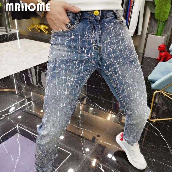 

luxury full rhinestone men's jeans fashion heavy process male tight pencil pants all season wear trend high-quality man denim trousers, Blue
