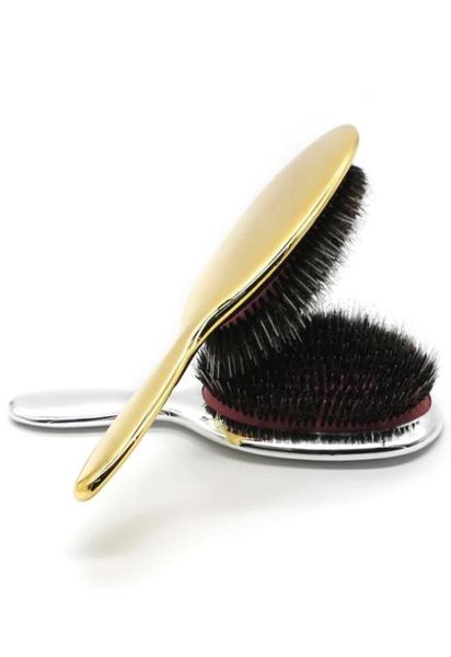 

hair brushes luxury gold and silver color boar bristle paddle brush oval anti static comb hairdressing massage8355354