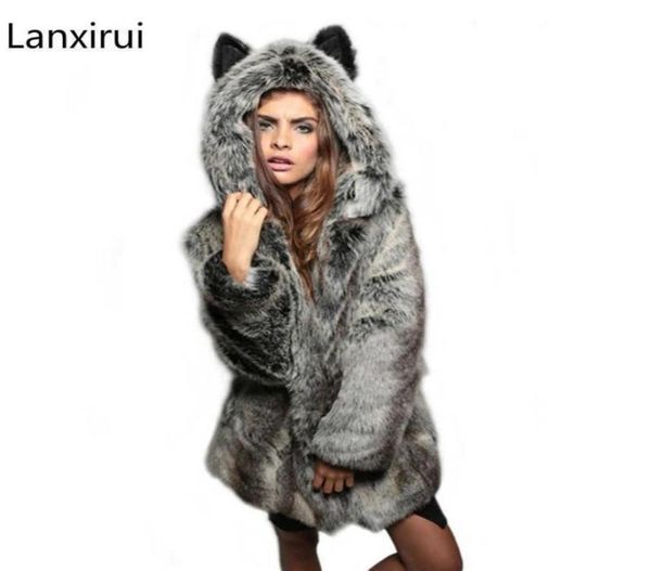 

like wolf artificial fox fur coat cartoon ear hooded faux rabbit fur coats 330b3006202, Black