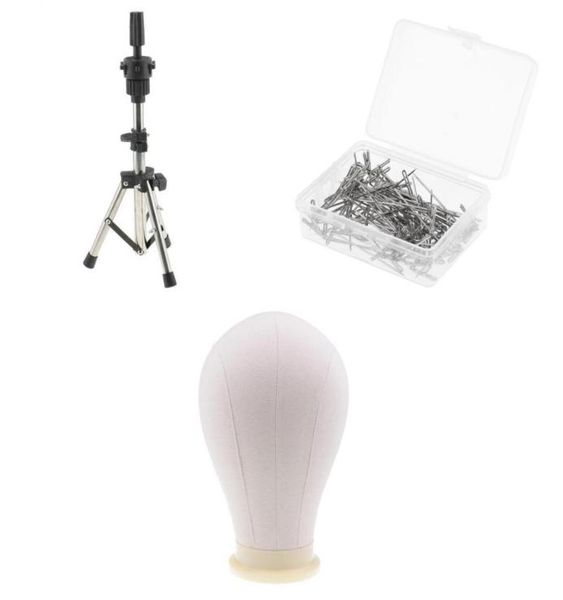 

24 in cork canvas block head mannequin head with metal adjustable tripod wig stand for wigs making with 100pcs 38mm t pins1220023