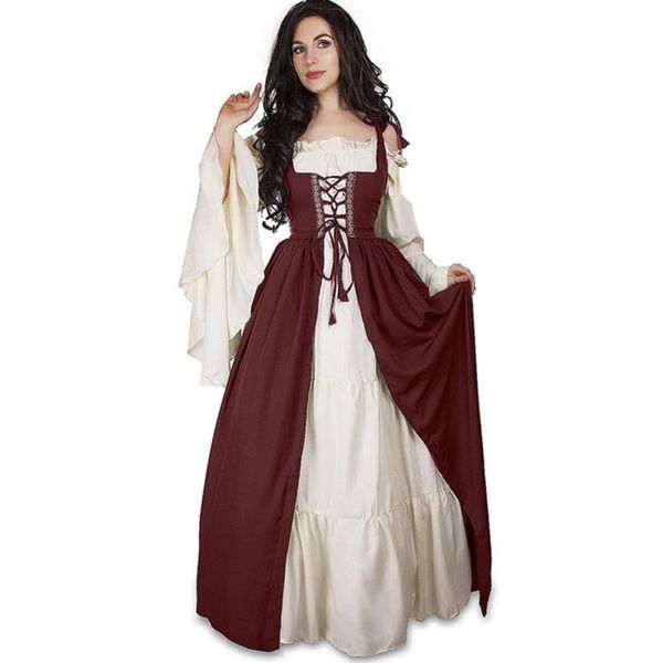 

halloween costume square neck tie waist middle ages renaissance retro dress, Black;gray
