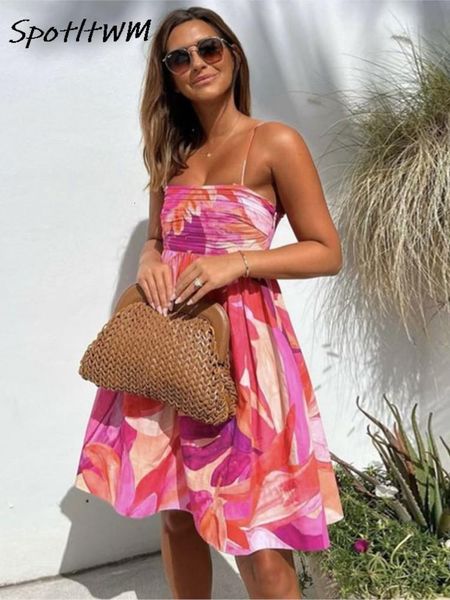 

urban dresses floral printed elastic high waist pink short dress women backless pleated vestidos fashion female beach streetwear 230809, White;black